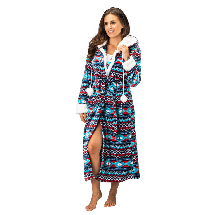 Women's Romanta Plush Coral Fleece Aztec Hooded Wrap Robe
